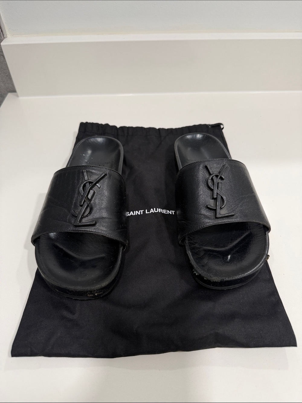 Saint Laurent Black Leather YSL Slide Sandals